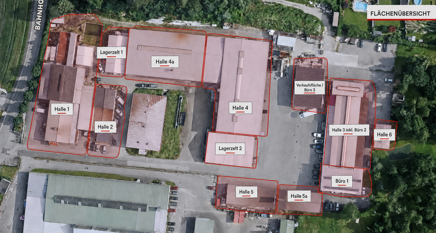 Professionelle Flächenübersicht des Gewerbeareals in Asten mit den Hallen 1 bis 6, den Lagerzelten sowie den Büro- und Verkaufsflächen